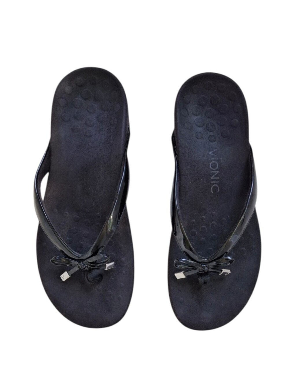 Vionic Black Patent Thong Sandals Bow Accent Orthotic Comfort 9 (Est.)